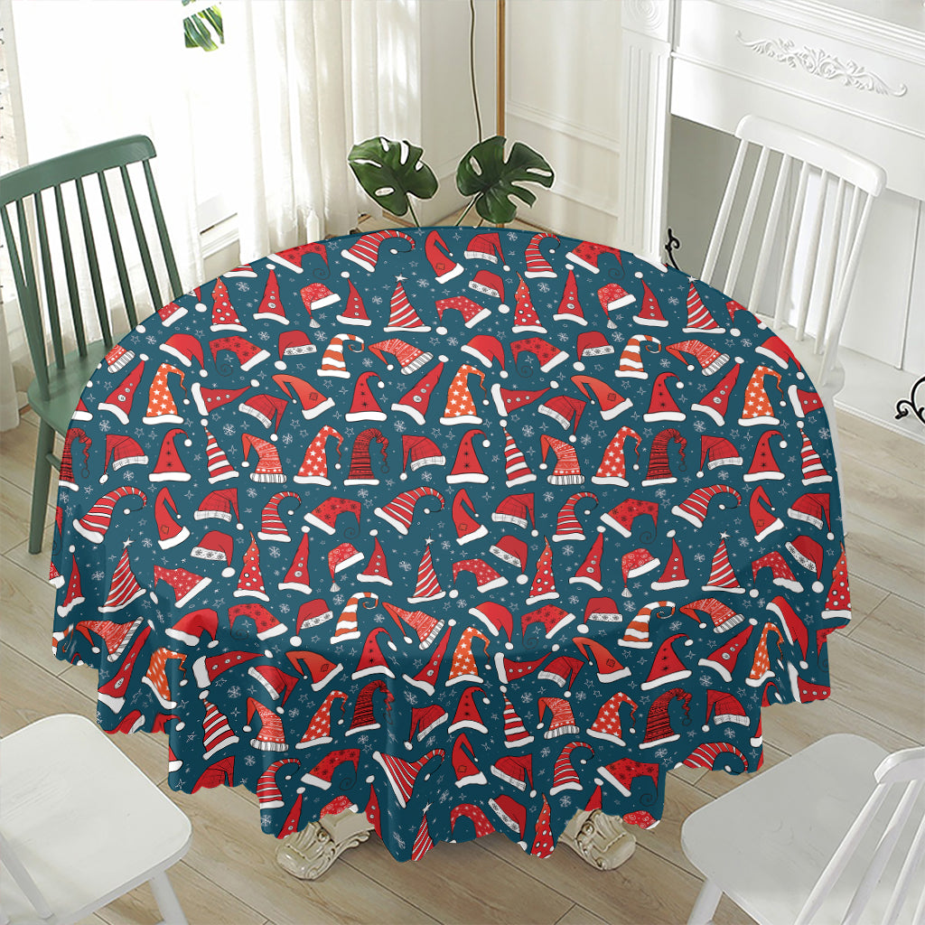 Christmas Santa Hats Pattern Print Waterproof Round Tablecloth