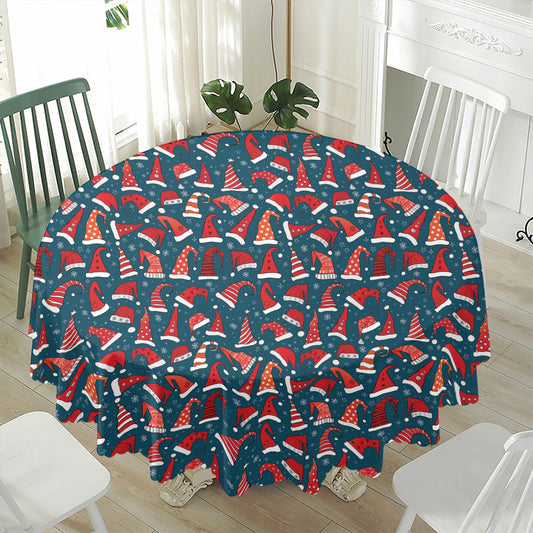 Christmas Santa Hats Pattern Print Waterproof Round Tablecloth