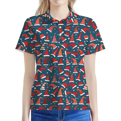 Christmas Santa Hats Pattern Print Women's Polo Shirt