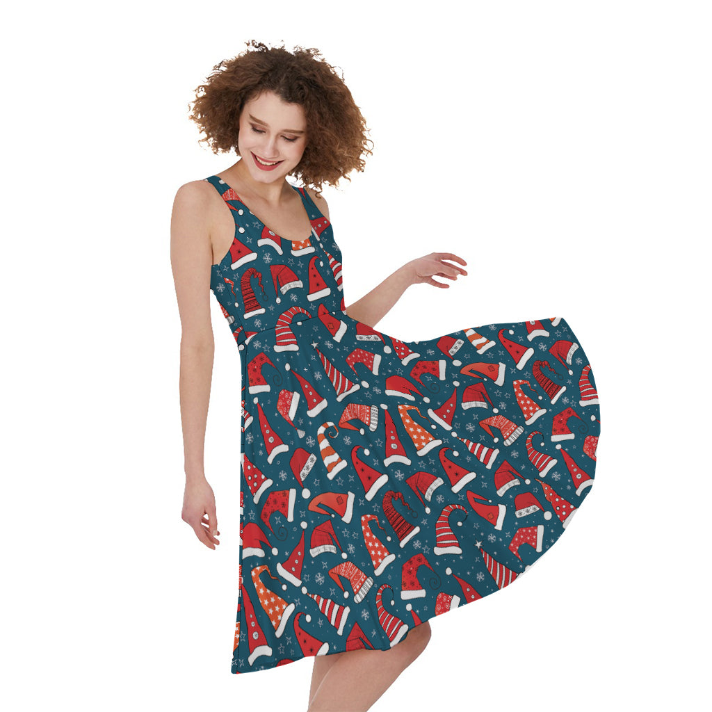 Christmas Santa Hats Pattern Print Women's Sleeveless Dress