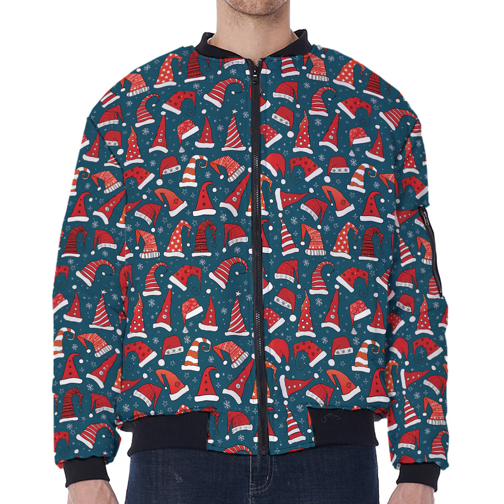 Christmas Santa Hats Pattern Print Zip Sleeve Bomber Jacket