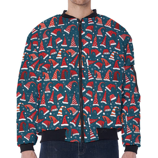 Christmas Santa Hats Pattern Print Zip Sleeve Bomber Jacket