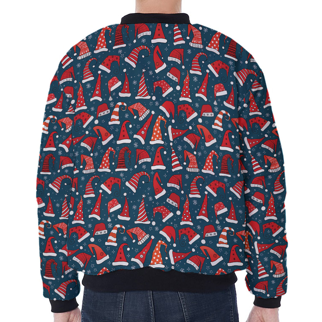 Christmas Santa Hats Pattern Print Zip Sleeve Bomber Jacket