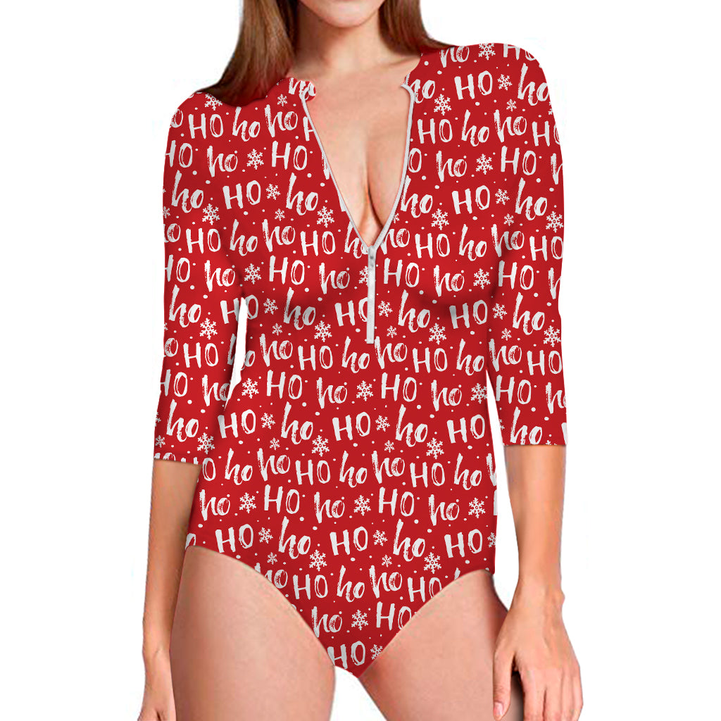 Christmas Santa Laugh Pattern Print Long Sleeve Swimsuit