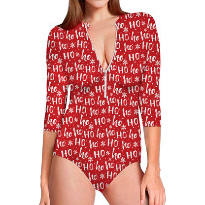 Christmas Santa Laugh Pattern Print Long Sleeve Swimsuit