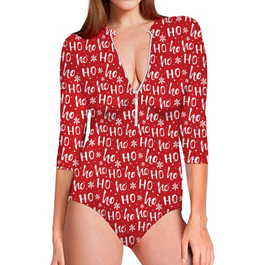 Christmas Santa Laugh Pattern Print Long Sleeve Swimsuit