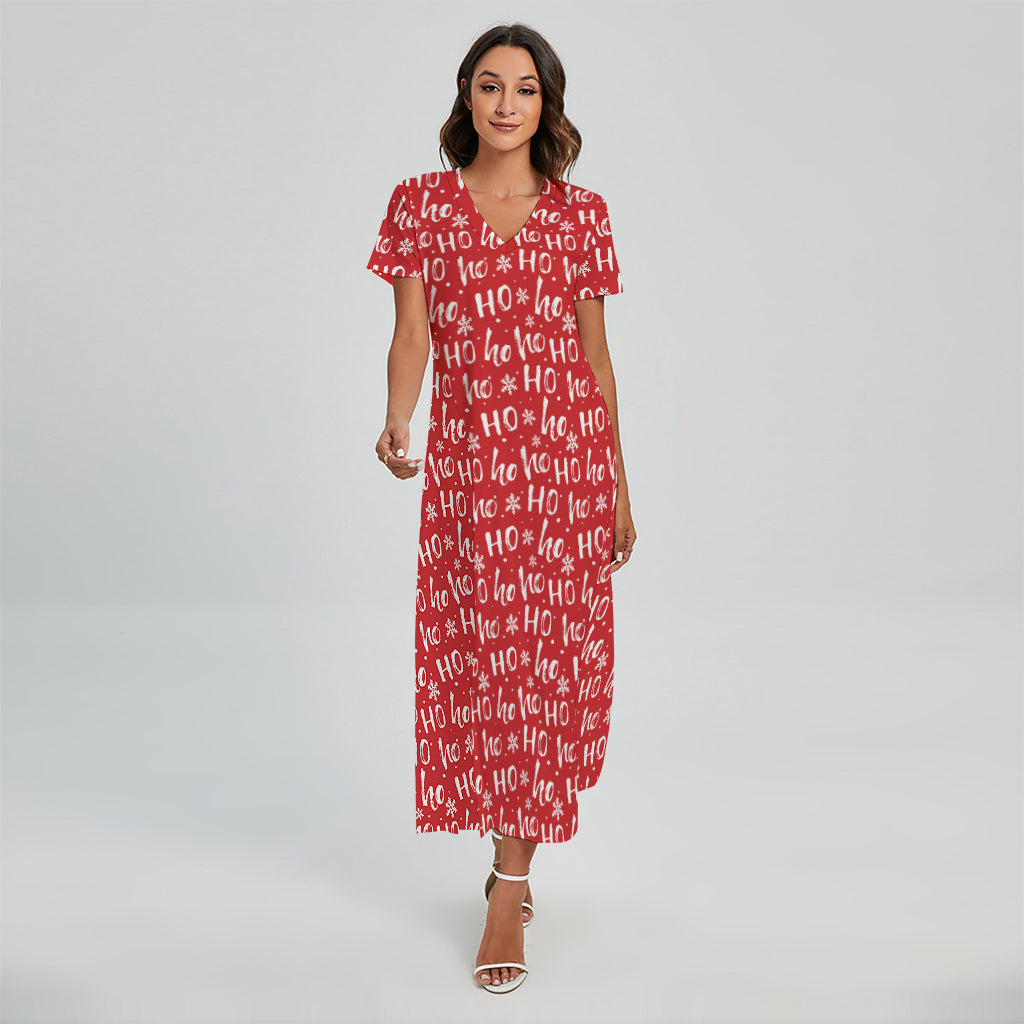 Christmas Santa Laugh Pattern Print Short Sleeve Maxi Dress
