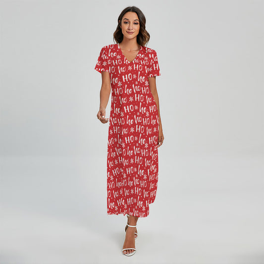 Christmas Santa Laugh Pattern Print Short Sleeve Maxi Dress