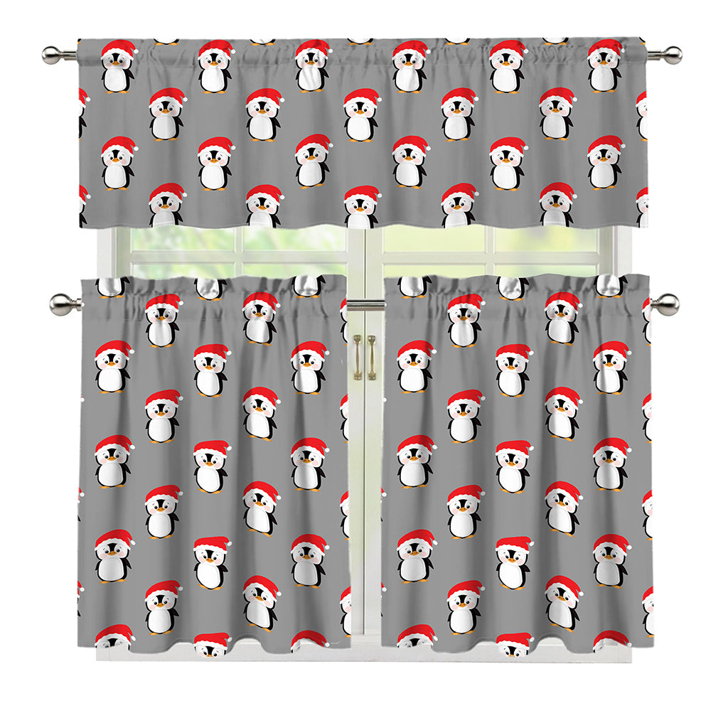 Christmas Santa Penguin Pattern Print 3 Piece Kitchen Curtains