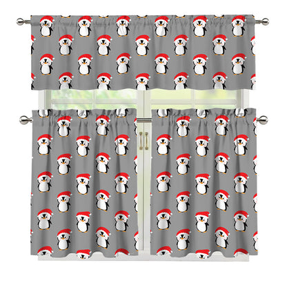 Christmas Santa Penguin Pattern Print 3 Piece Kitchen Curtains