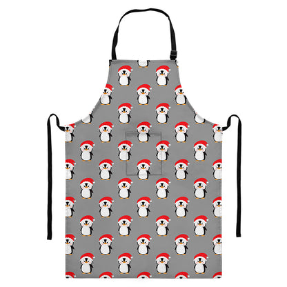 Christmas Santa Penguin Pattern Print Bib Apron With Pocket