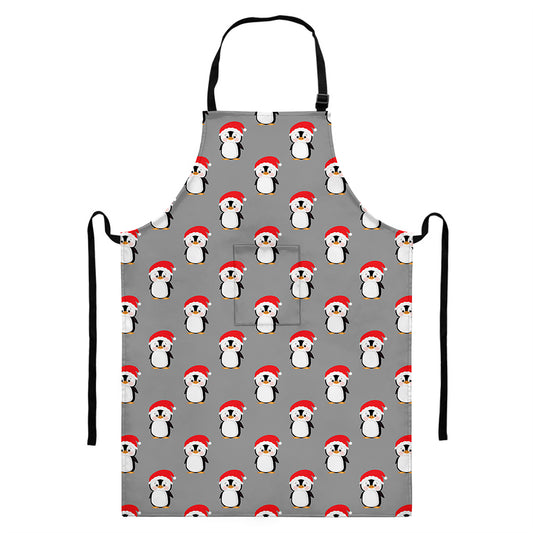 Christmas Santa Penguin Pattern Print Bib Apron With Pocket
