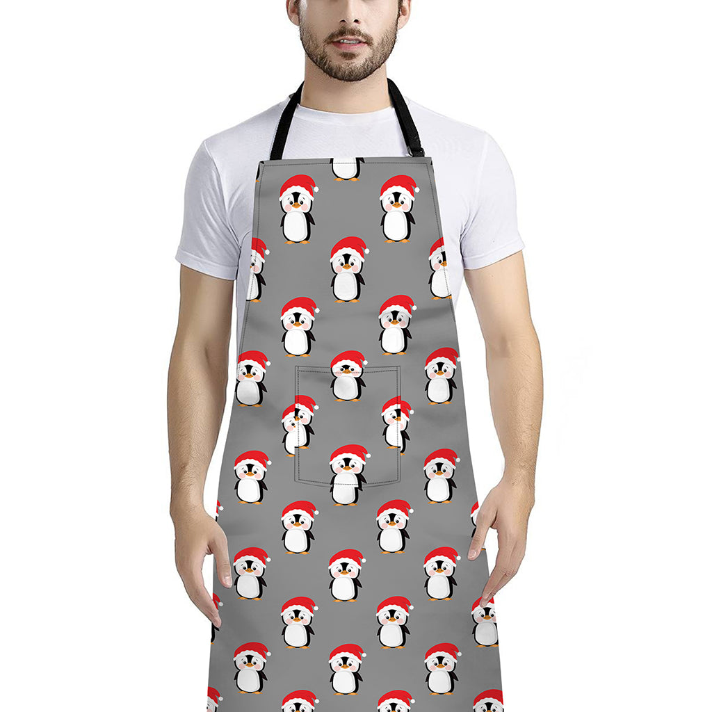 Christmas Santa Penguin Pattern Print Bib Apron With Pocket