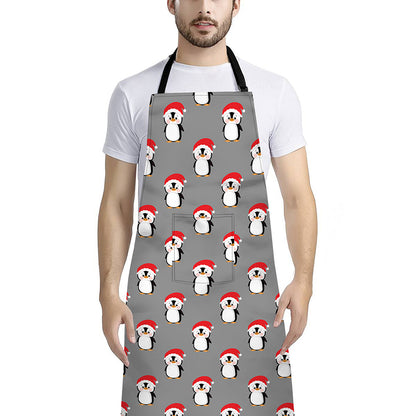 Christmas Santa Penguin Pattern Print Bib Apron With Pocket