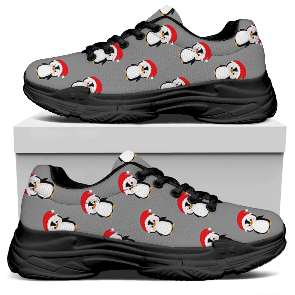 Christmas Santa Penguin Pattern Print Black Chunky Shoes