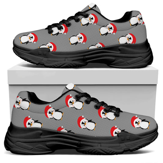 Christmas Santa Penguin Pattern Print Black Chunky Shoes