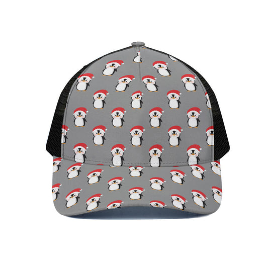 Christmas Santa Penguin Pattern Print Black Mesh Trucker Cap