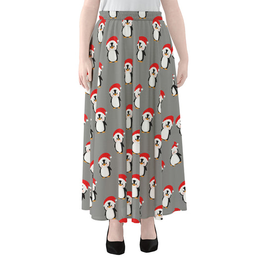 Christmas Santa Penguin Pattern Print Chiffon Maxi Skirt