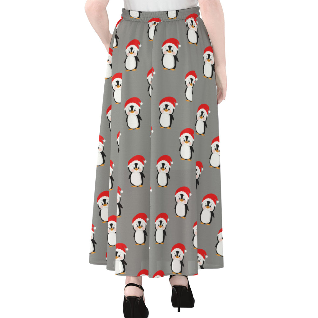 Christmas Santa Penguin Pattern Print Chiffon Maxi Skirt