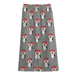 Christmas Santa Penguin Pattern Print Cotton Front Slit Maxi Skirt