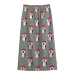 Christmas Santa Penguin Pattern Print Cotton Front Slit Maxi Skirt