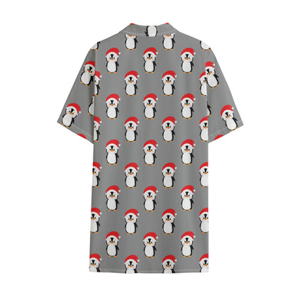 Christmas Santa Penguin Pattern Print Cotton Hawaiian Shirt