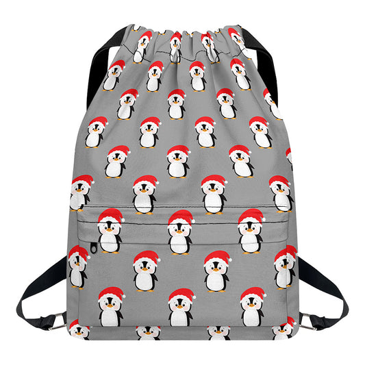 Christmas Santa Penguin Pattern Print Drawstring Backpack
