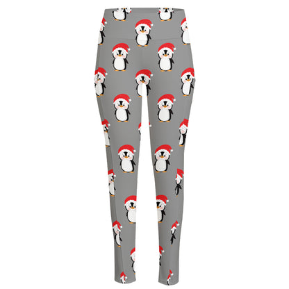 Christmas Santa Penguin Pattern Print High-Waisted Pocket Leggings