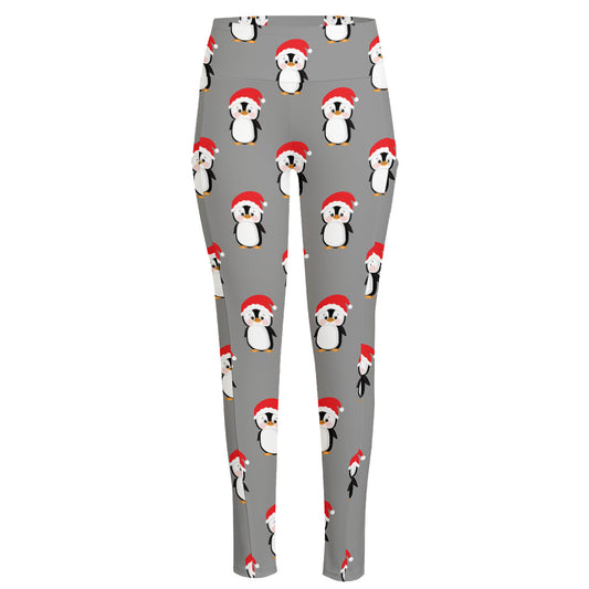 Christmas Santa Penguin Pattern Print High-Waisted Pocket Leggings