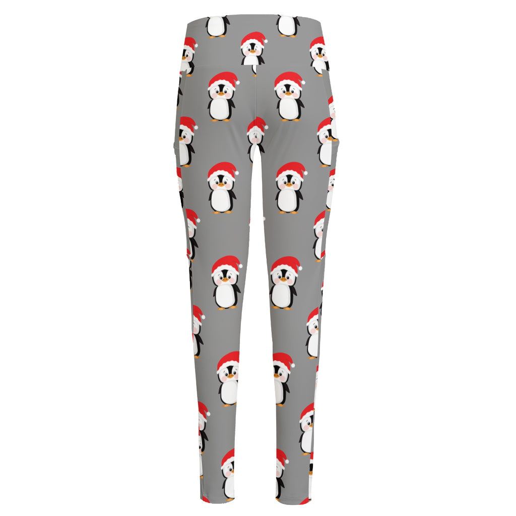 Christmas Santa Penguin Pattern Print High-Waisted Pocket Leggings