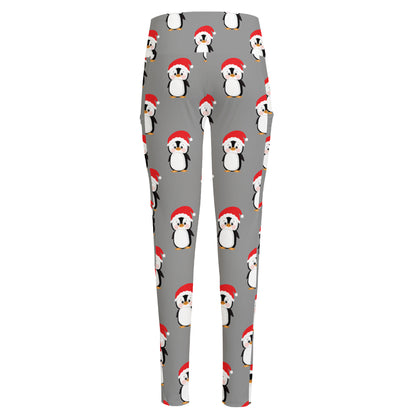 Christmas Santa Penguin Pattern Print High-Waisted Pocket Leggings