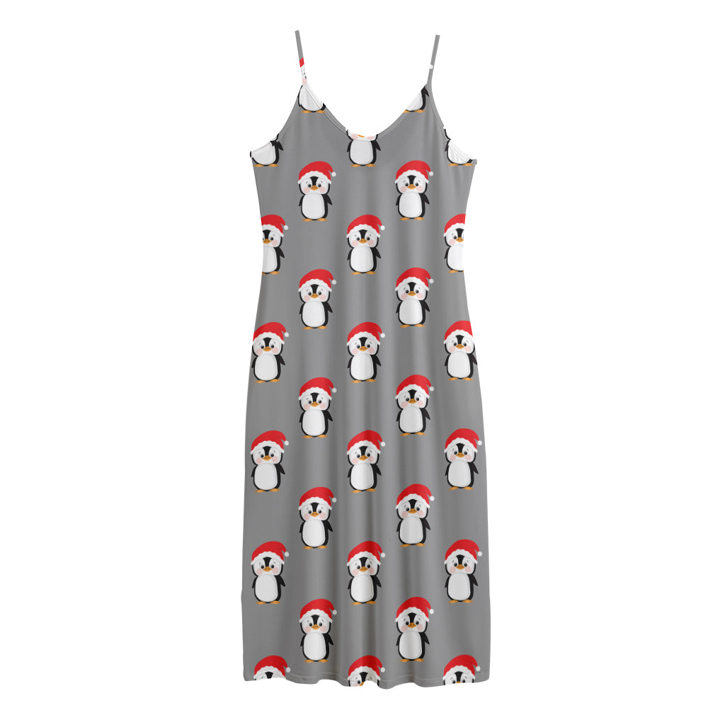 Christmas Santa Penguin Pattern Print Jersey Midi Cami Dress