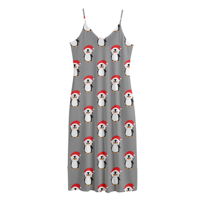 Christmas Santa Penguin Pattern Print Jersey Midi Cami Dress