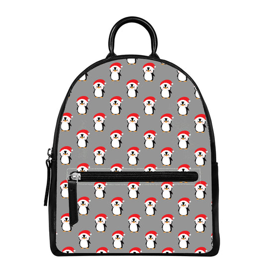 Christmas Santa Penguin Pattern Print Leather Backpack