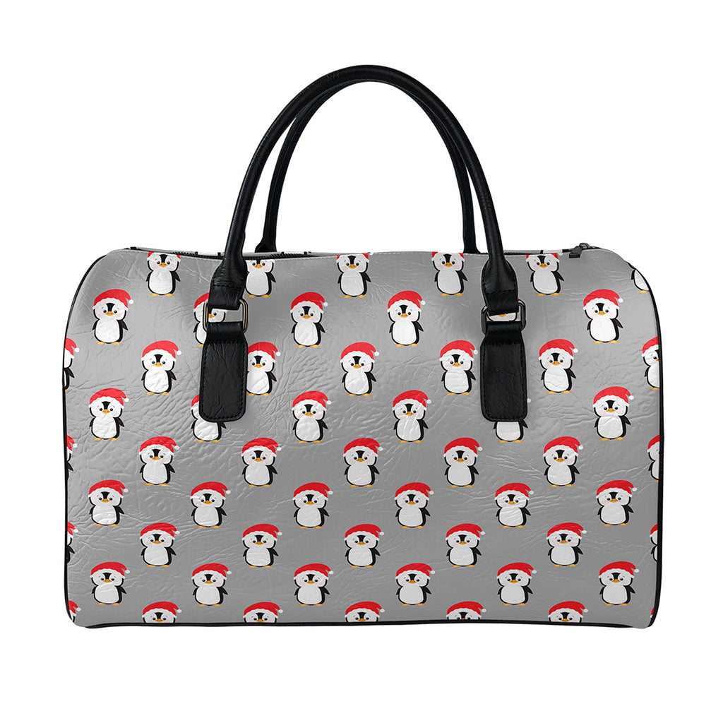 Christmas Santa Penguin Pattern Print Leather Duffle Bag