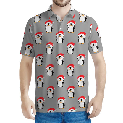 Christmas Santa Penguin Pattern Print Men's Polo Shirt