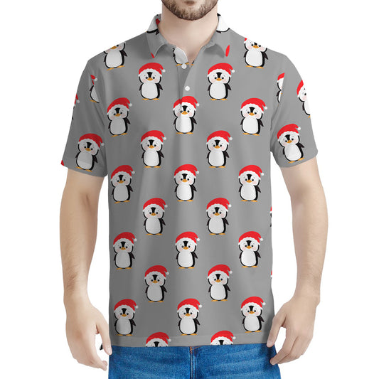 Christmas Santa Penguin Pattern Print Men's Polo Shirt