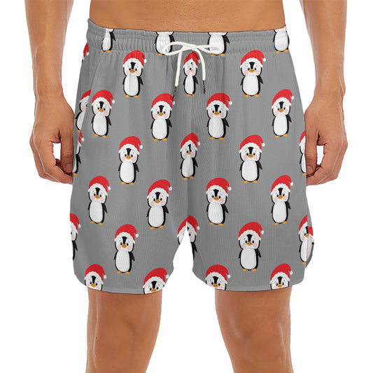 Christmas Santa Penguin Pattern Print Men's Split Running Shorts