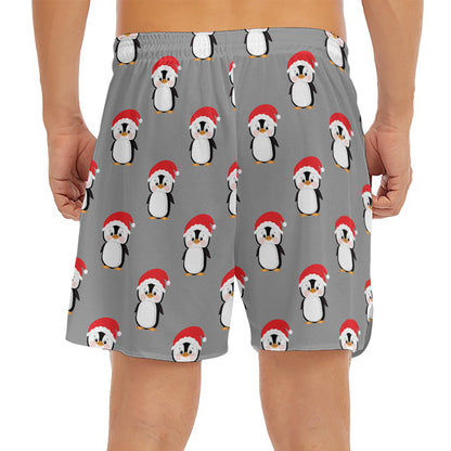 Christmas Santa Penguin Pattern Print Men's Split Running Shorts
