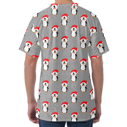 Christmas Santa Penguin Pattern Print Men's Velvet T-Shirt