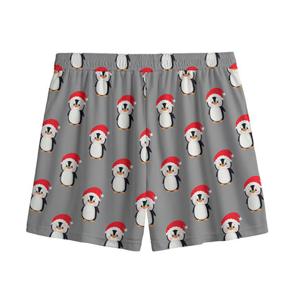 Christmas Santa Penguin Pattern Print Mesh Shorts