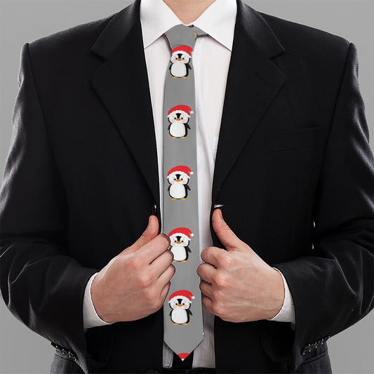 Christmas Santa Penguin Pattern Print Necktie