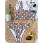 Christmas Santa Penguin Pattern Print One Shoulder Bikini Top