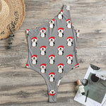 Christmas Santa Penguin Pattern Print One Shoulder Bodysuit