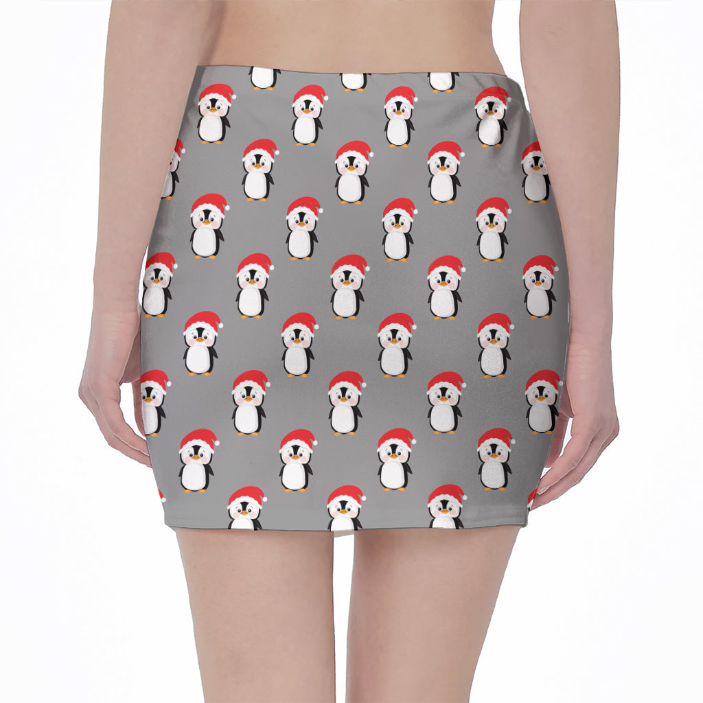 Christmas Santa Penguin Pattern Print Pencil Mini Skirt