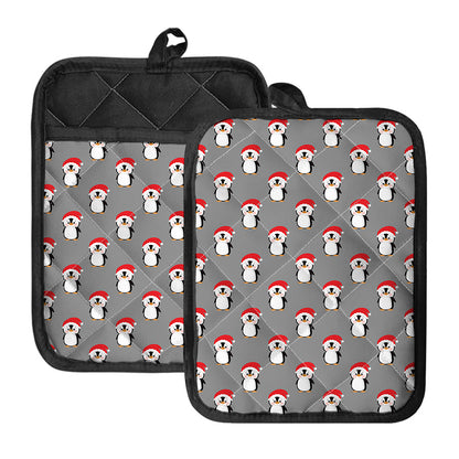 Christmas Santa Penguin Pattern Print Pot Holders With Pocket
