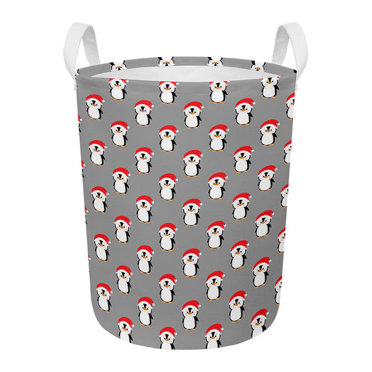 Christmas Santa Penguin Pattern Print Round Laundry Basket