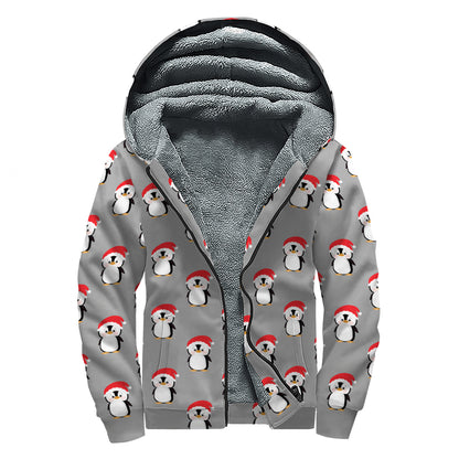 Christmas Santa Penguin Pattern Print Sherpa Lined Zip Up Hoodie