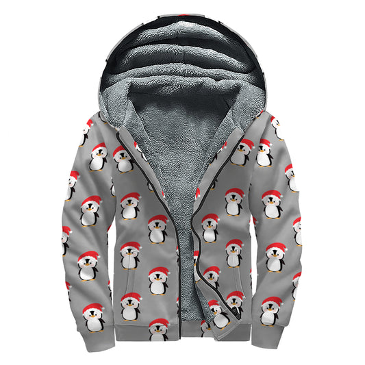 Christmas Santa Penguin Pattern Print Sherpa Lined Zip Up Hoodie