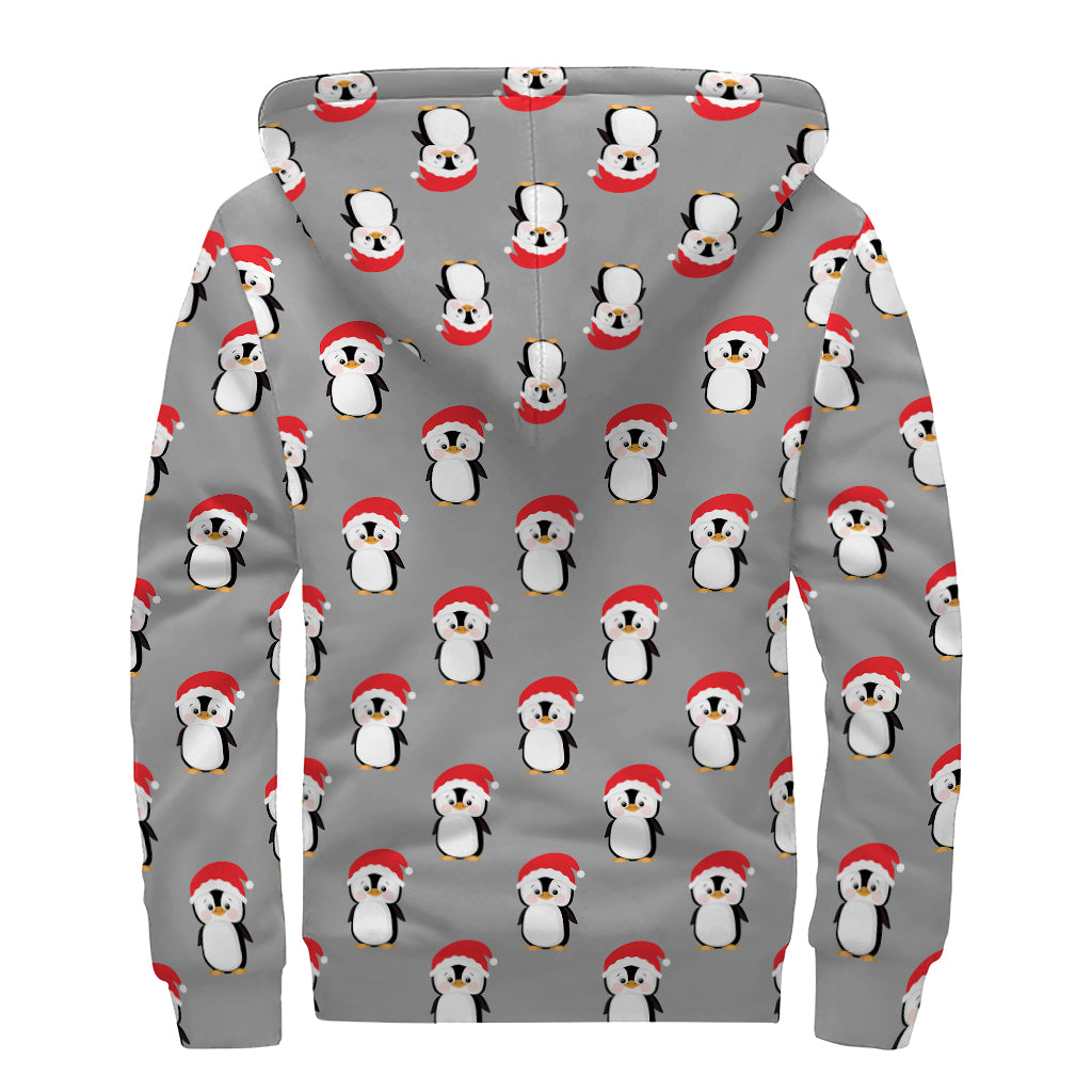 Christmas Santa Penguin Pattern Print Sherpa Lined Zip Up Hoodie